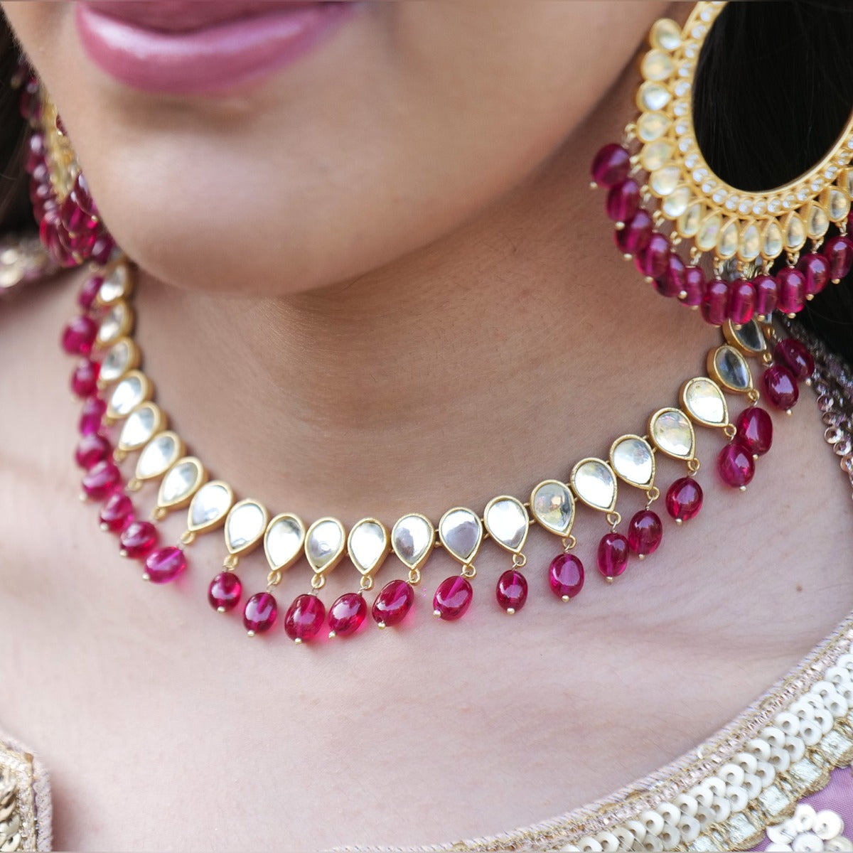 Jashn Choker Necklace - Rani Pink Hued Stone