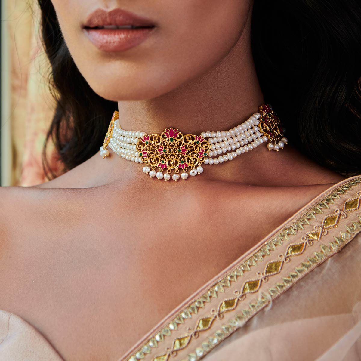 Buy Maharani Lotus Necklace Pink Enamel Online in India |