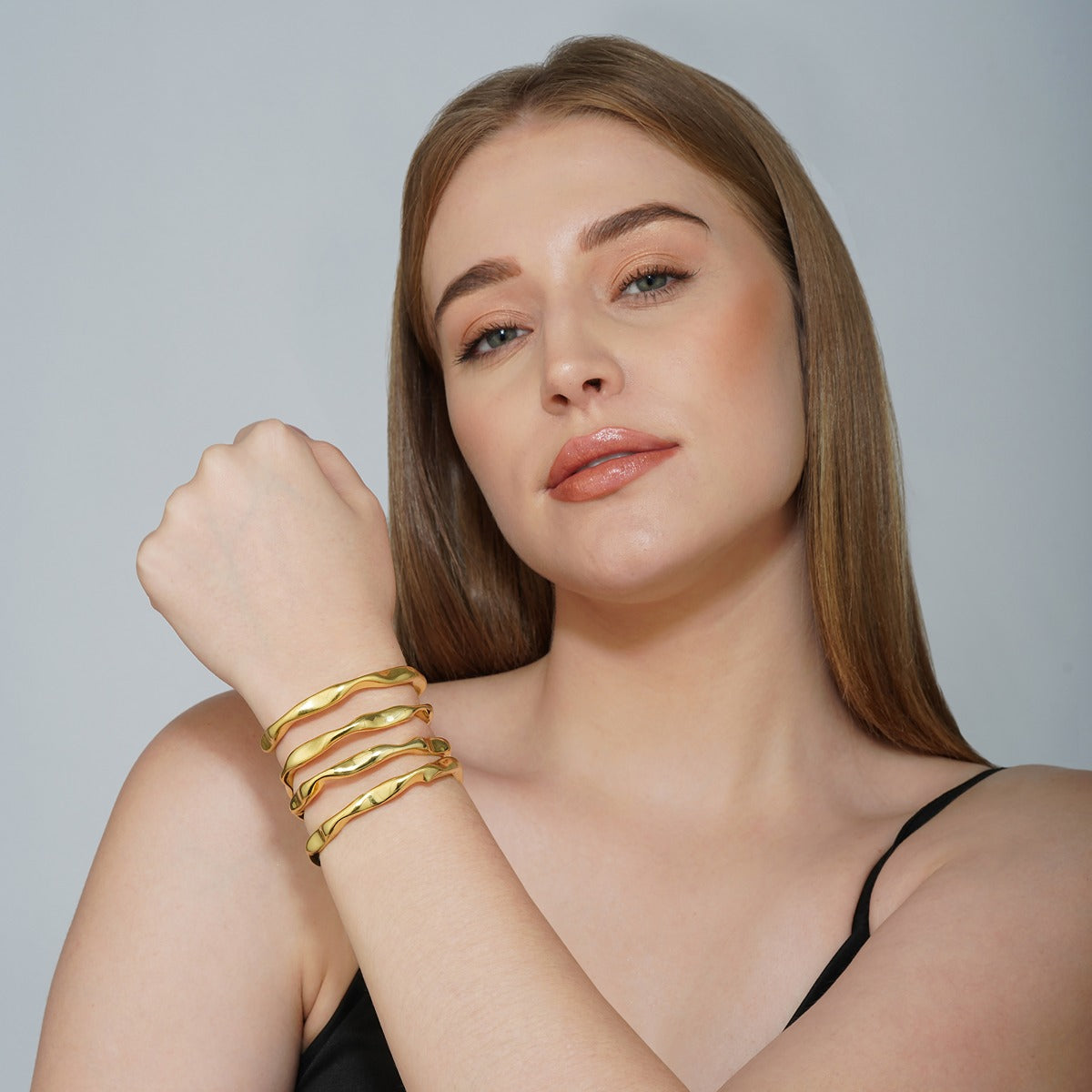 Gold Wave Set of Hoop Earrings and Stacking Bangles
