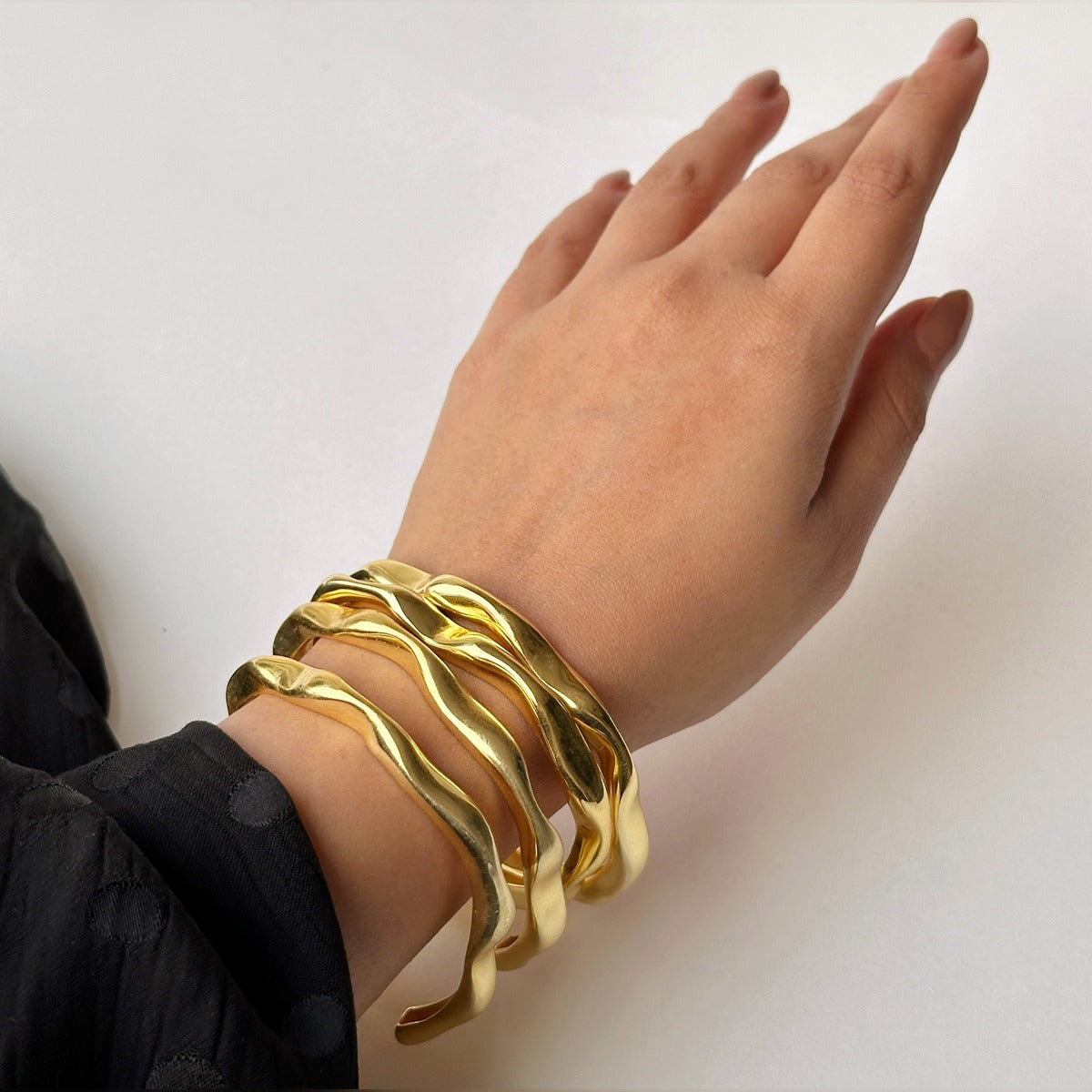 Gold Wave Set of Hoop Earrings and Stacking Bangles