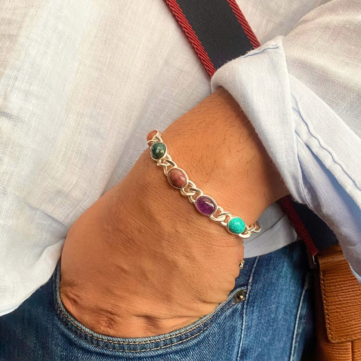 7 Gemstones Chakra Balancing Bracelet,  Silver Plated, For Men