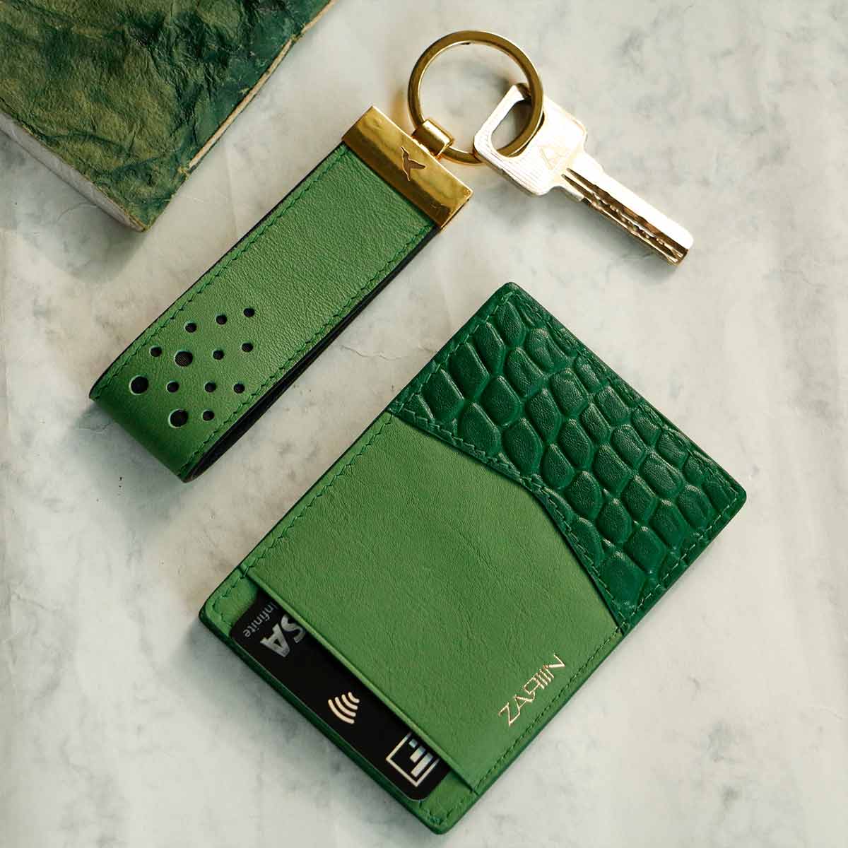 Artisanal Dollar Hued Leather Card Holder and Key Chain Gift Box