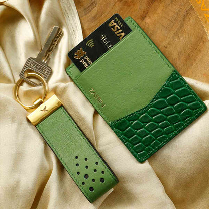 Artisanal Dollar Hued Leather Card Holder and Key Chain Gift Box