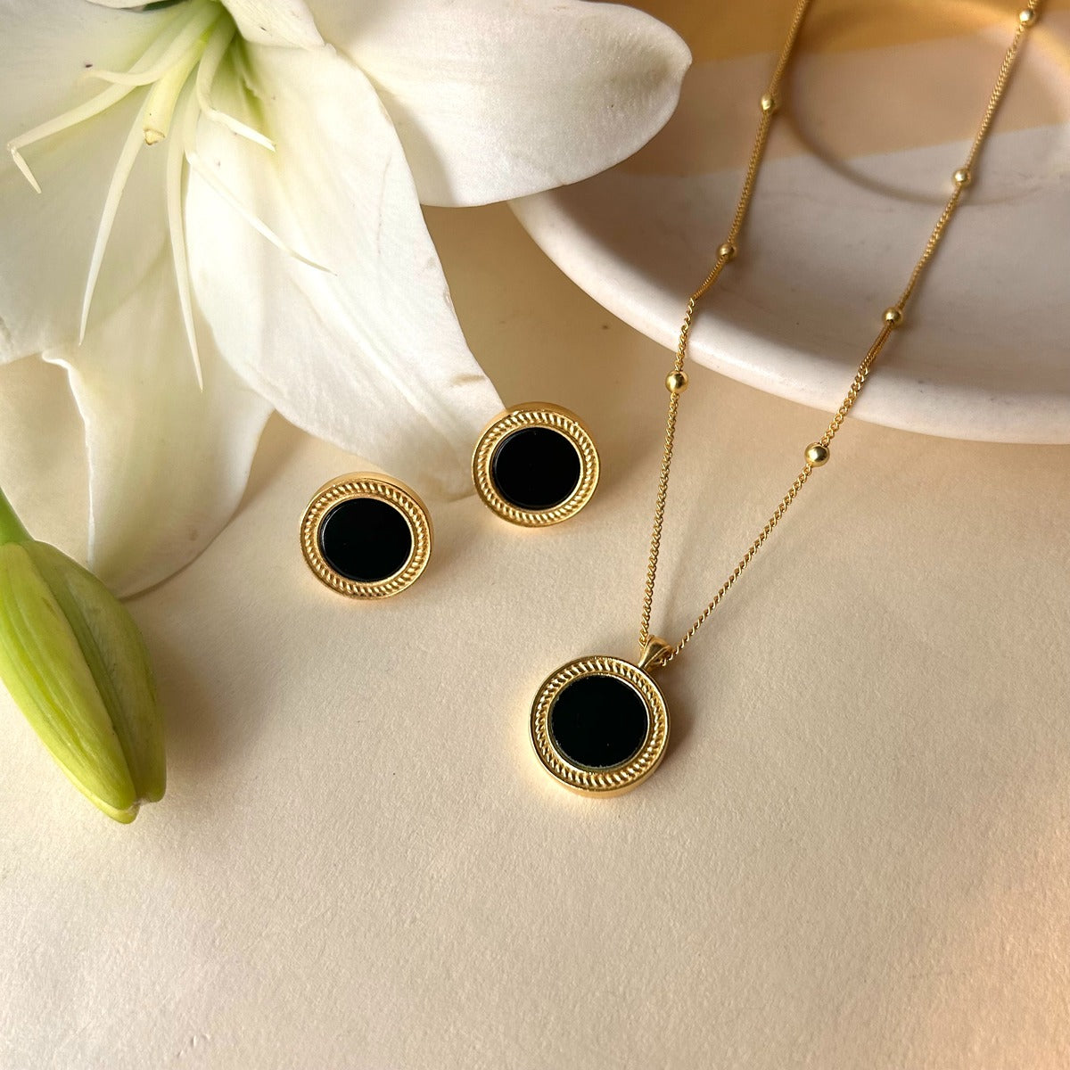 Harmony Pendant Necklace and Stud Earrings Set Black Onyx