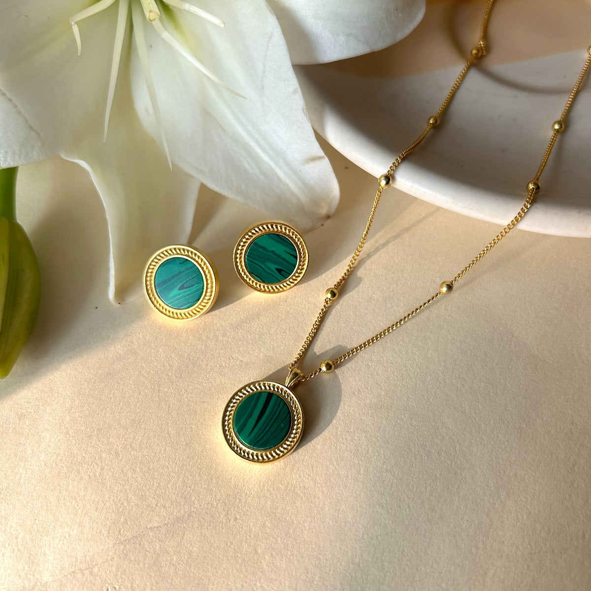 Harmony Pendant Necklace and Stud Earrings Set - Malachite