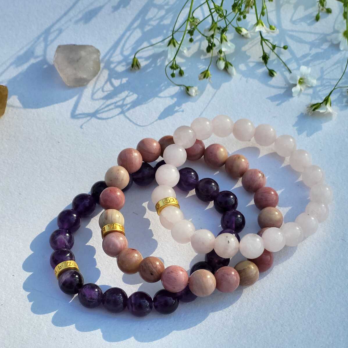 Bracelet Set for Self Love and Peer Pressure - Rose Quartz, Rhodochrosite and Amethyst