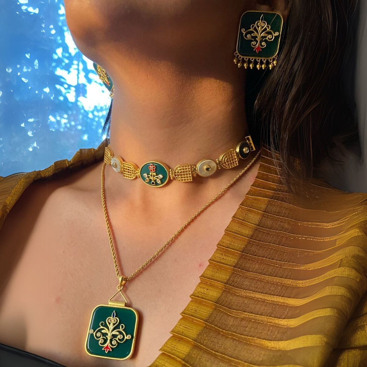 Regal Styled Look (Set of 3-  Necklace , Choker and Earrings)