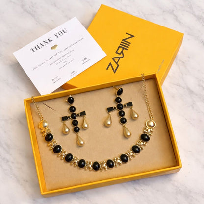 Midnight Black Onyx Choker Necklace & Drop Earrings Set