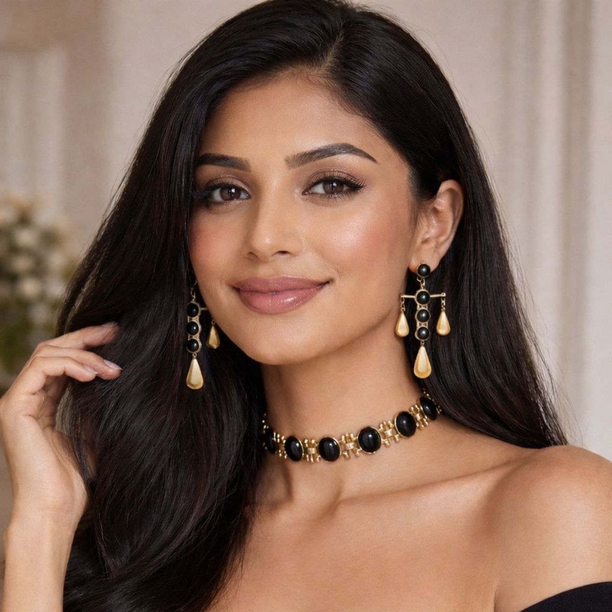 Midnight Black Onyx Choker Necklace & Drop Earrings Set