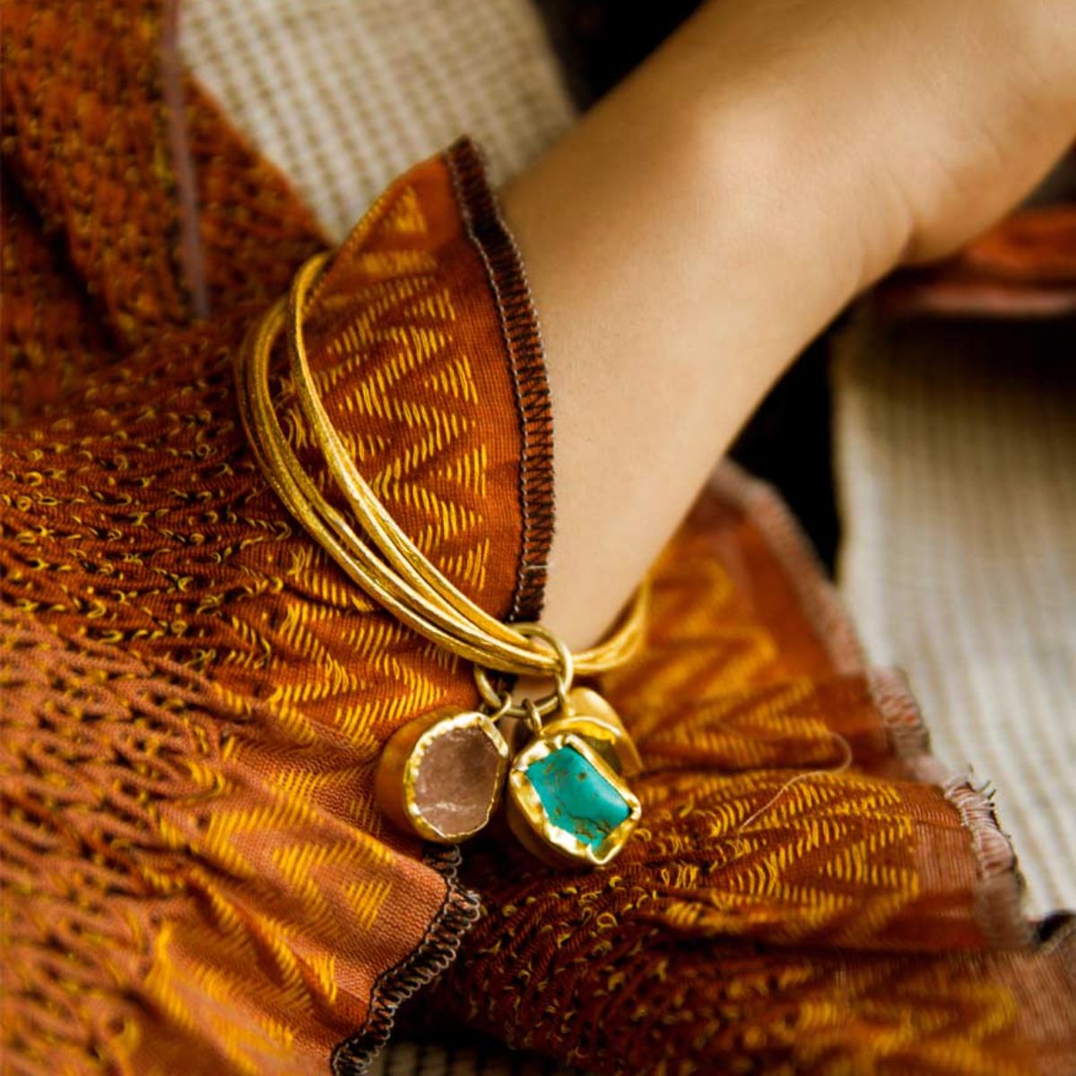 A Tryst With The Wrist Rose Quartz Fluorite Turquoise Gold Bracelet