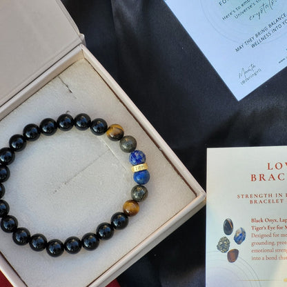 Strength in Love Beaded Bracelet for Men - Black Onyx, Pyrite, Lapis Lazuli and Tiger’s Eye