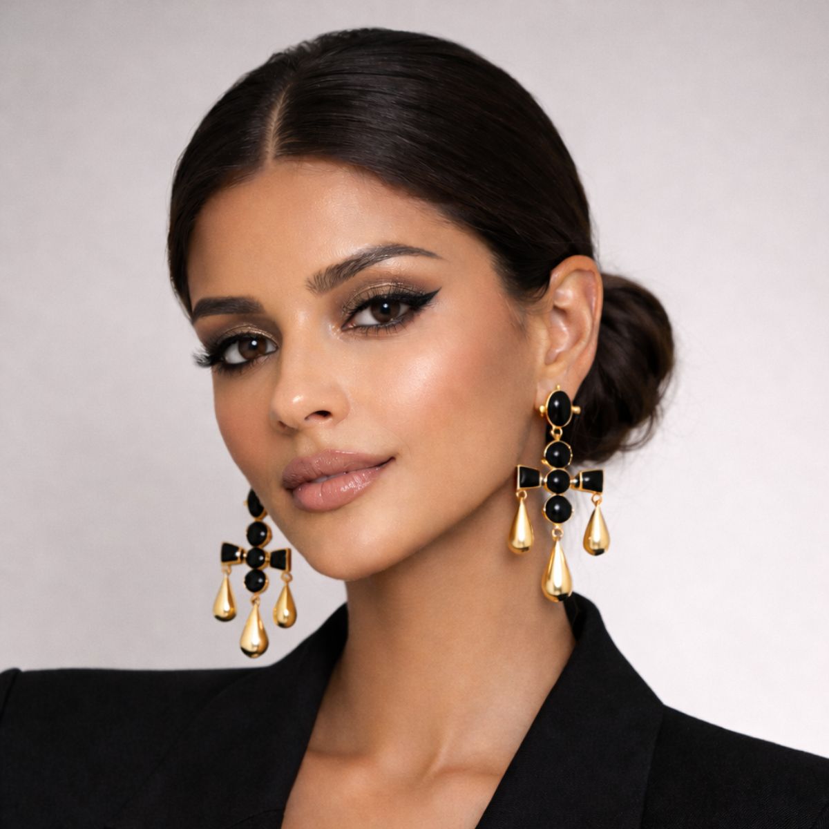 Midnight Black Onyx Choker Necklace & Drop Earrings Set