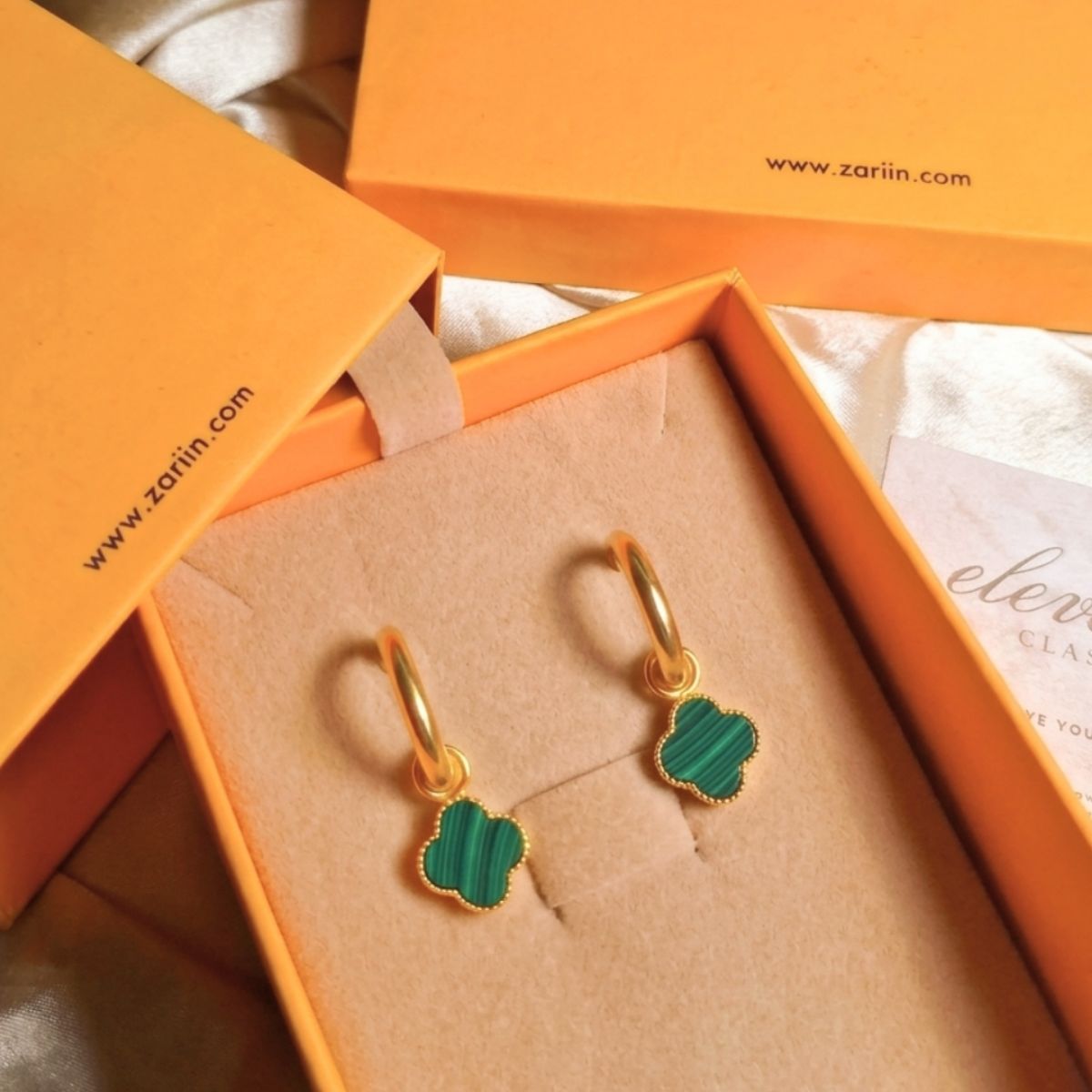 Grace Hoops with Malachite Four Leaf Clover Drops