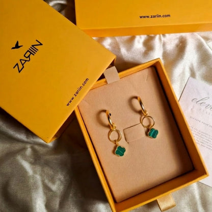 Hoop da Loop Earrings with Malachite Four Leaf Clover Drops