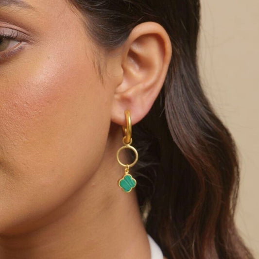 Hoop da Loop Earrings with Malachite Four Leaf Clover Drops