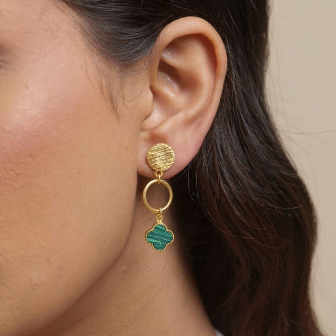 Clover Charm Drop Earrings with Malachite