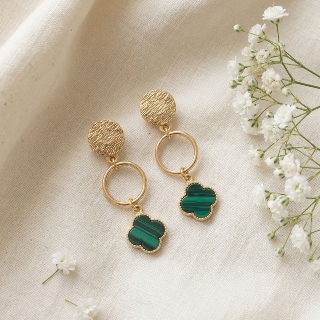 Clover Charm Drop Earrings with Malachite