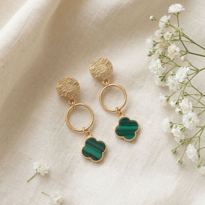 Clover Charm Drop Earrings with Malachite
