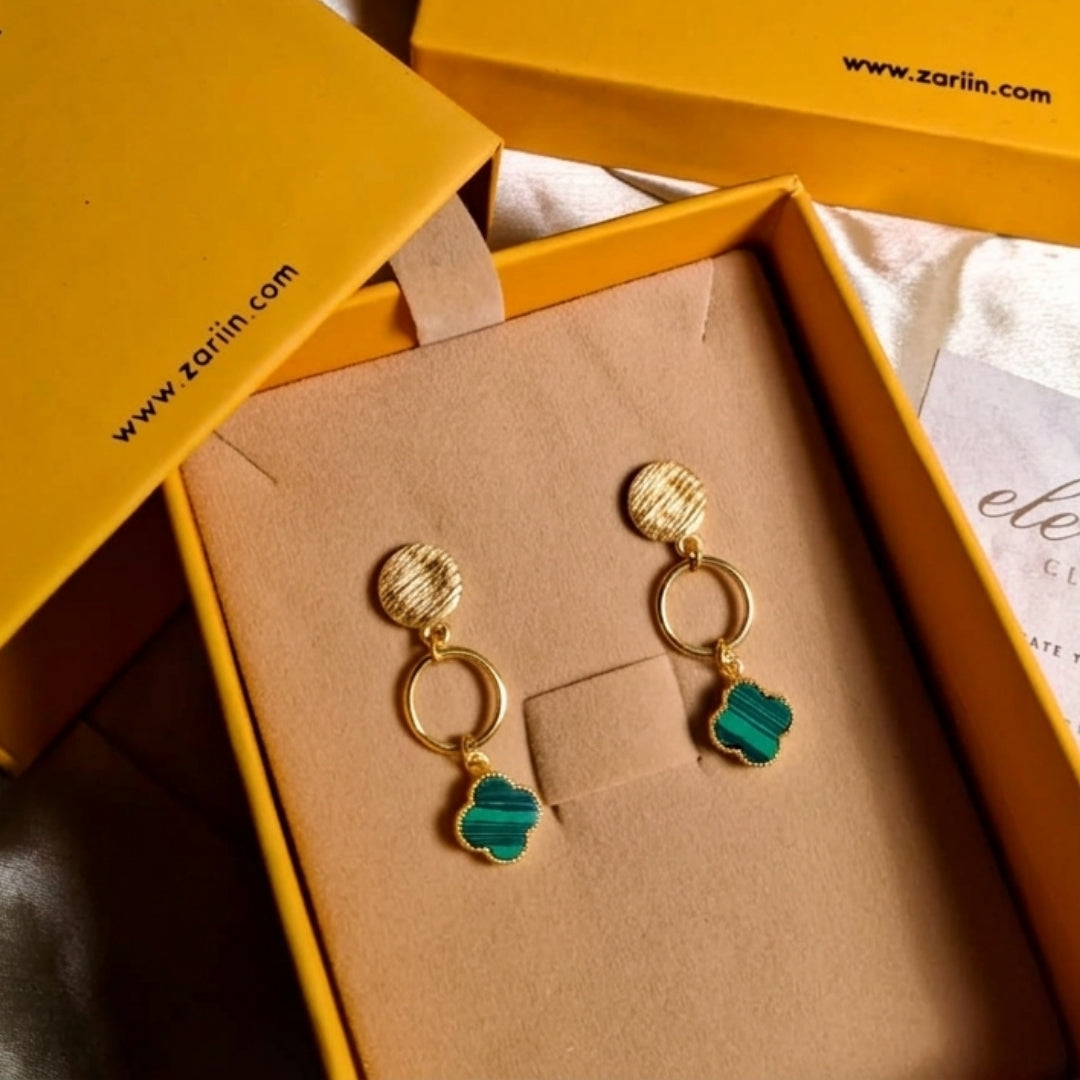 Clover Charm Drop Earrings with Malachite