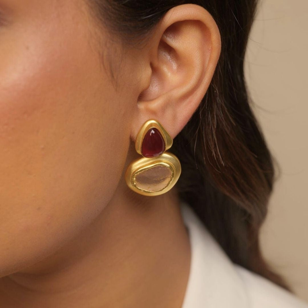 Blushing Poise Earrings with Garnet and Rose Quartz