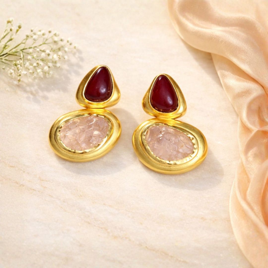 Blushing Poise Earrings with Garnet and Rose Quartz