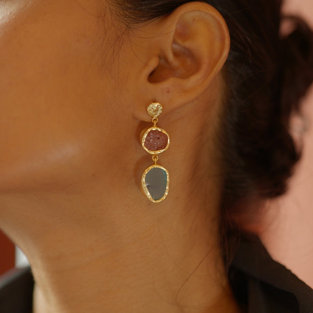 The Spirited Two Stone Gold Earrings with Rose Quartz and Blue Topaz