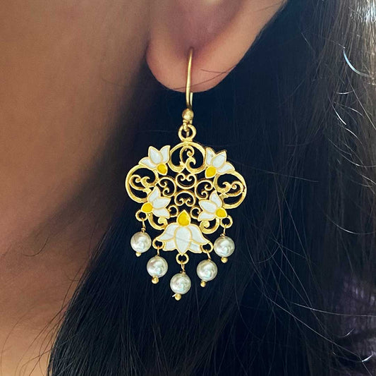 Dream Lotus Drop Earrings in White Enamel