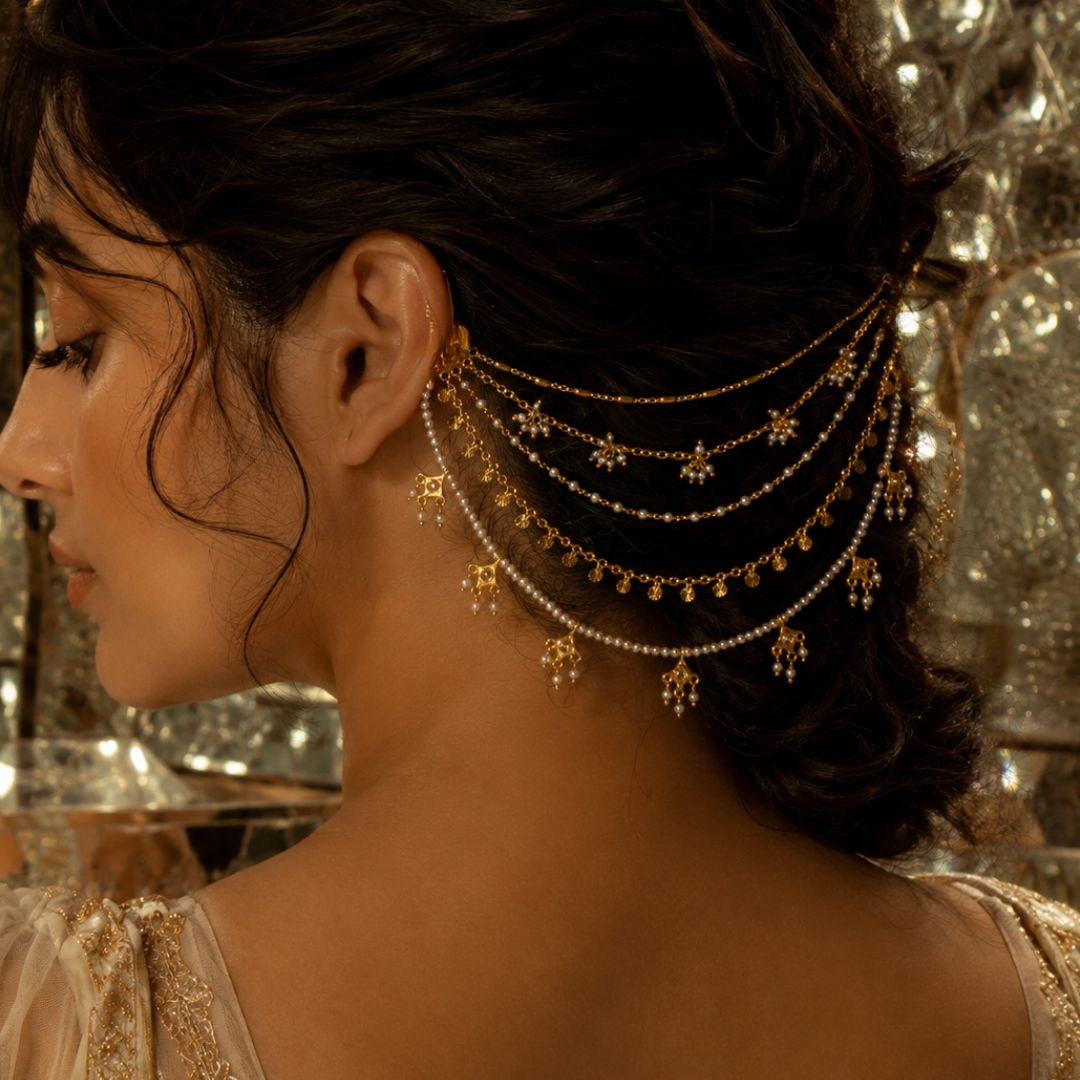 Sitara Jaal Kaan Chain With Mirror Polki Stone And Pearl Bead