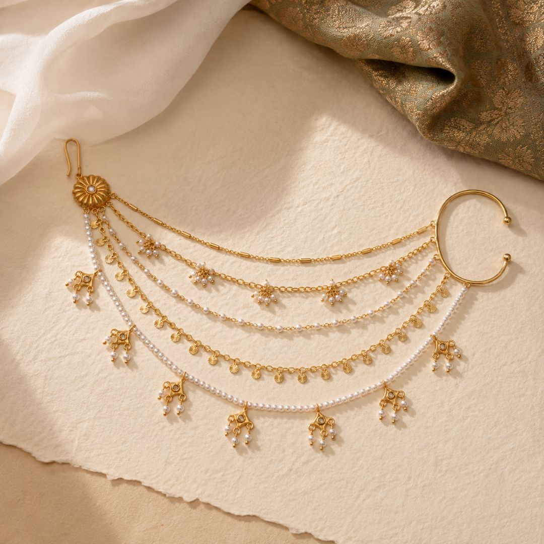Sitara Jaal Kaan Chain With Mirror Polki Stone And Pearl Bead