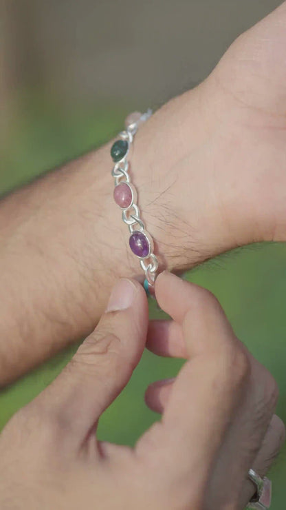 7 Gemstones Chakra Balancing Bracelet,  Silver Plated, For Men