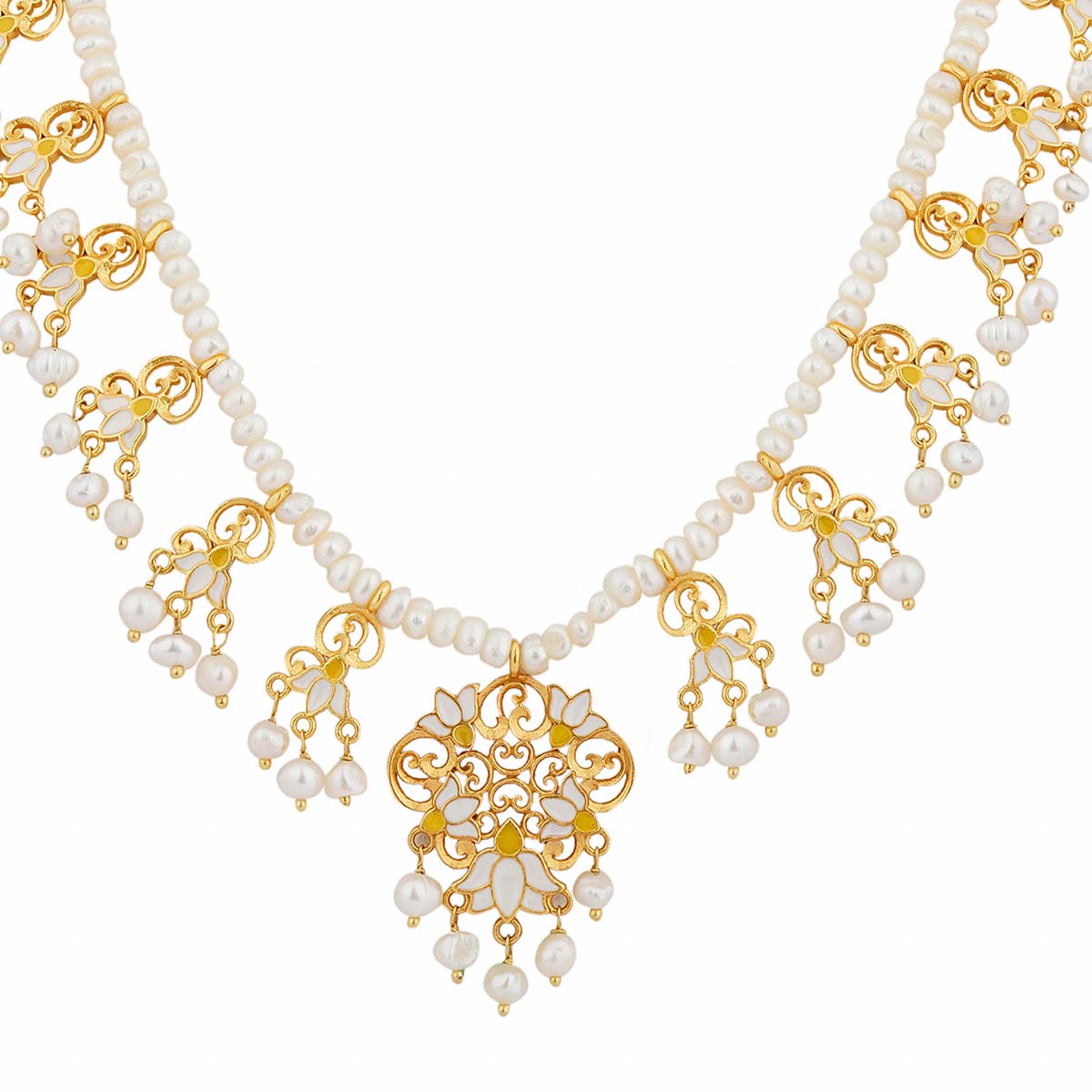 Lotus Drops Pearl Necklace in White Enamel
