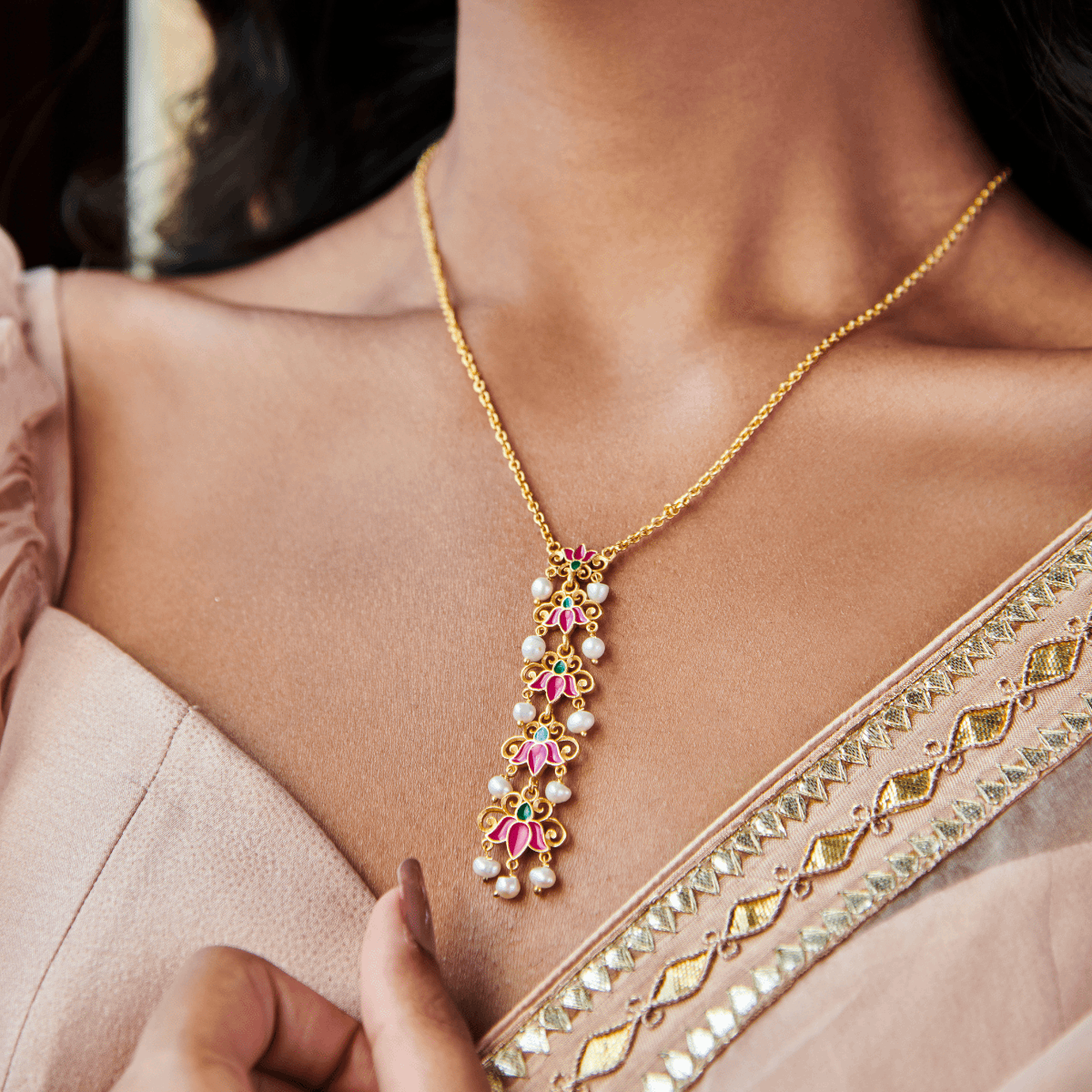 Lotus & Pearls Pendant Necklace & Earrings Set