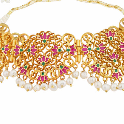 Lotus Lace Choker Necklace in Pink Enamel