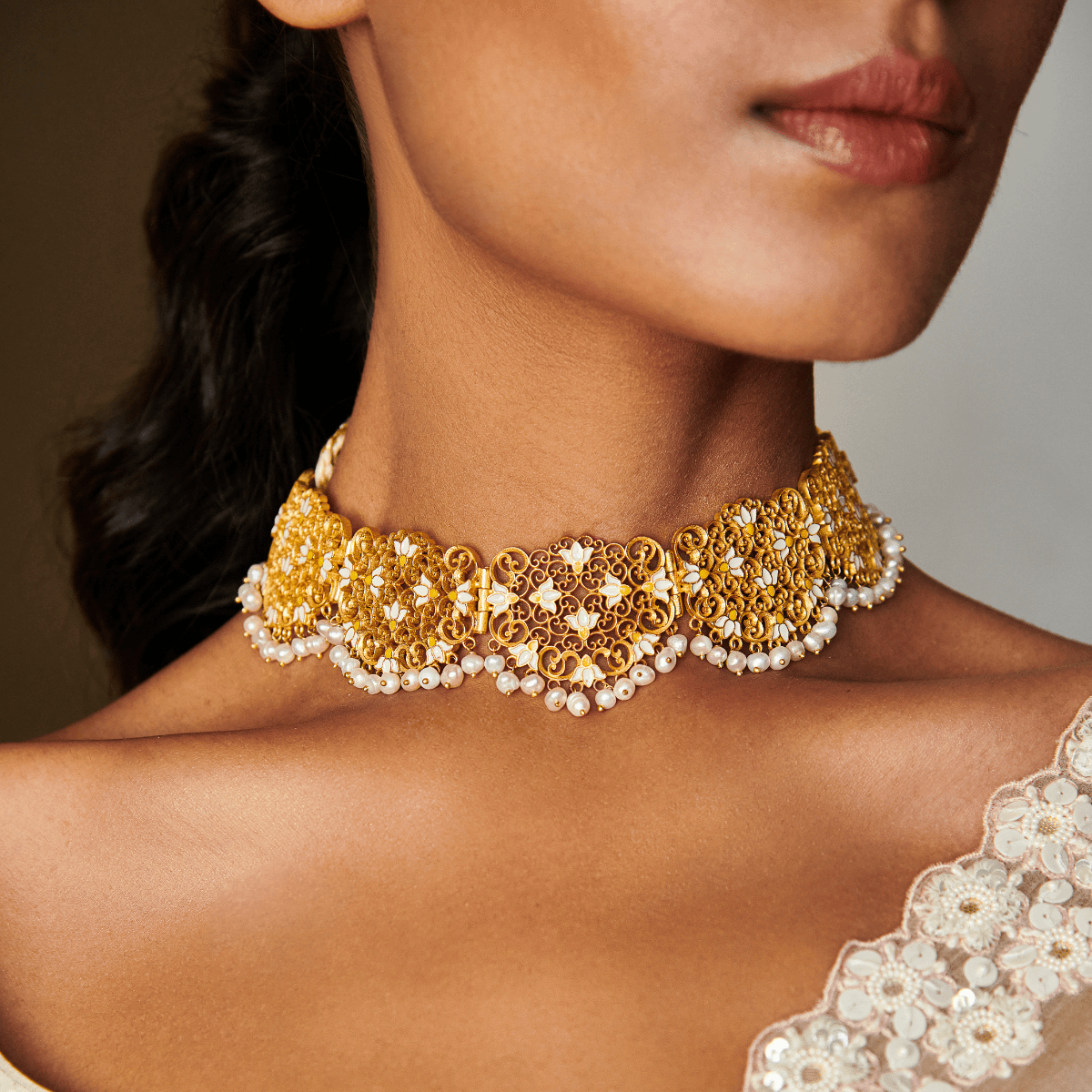 Buy Lotus Lace Choker Necklace in White Enamel Online in India