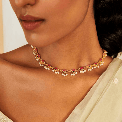 Lotus Silk Delicate Collar Necklace in Pink Enamel