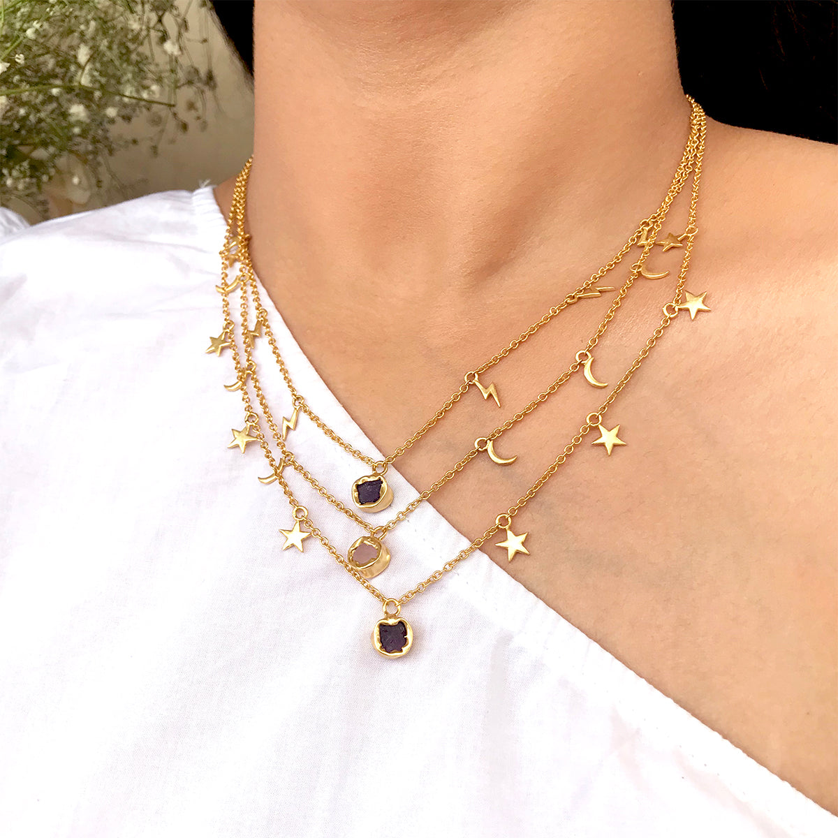 Love Light & Lightening Amethyst & Rose Quartz Three-Layered Necklace