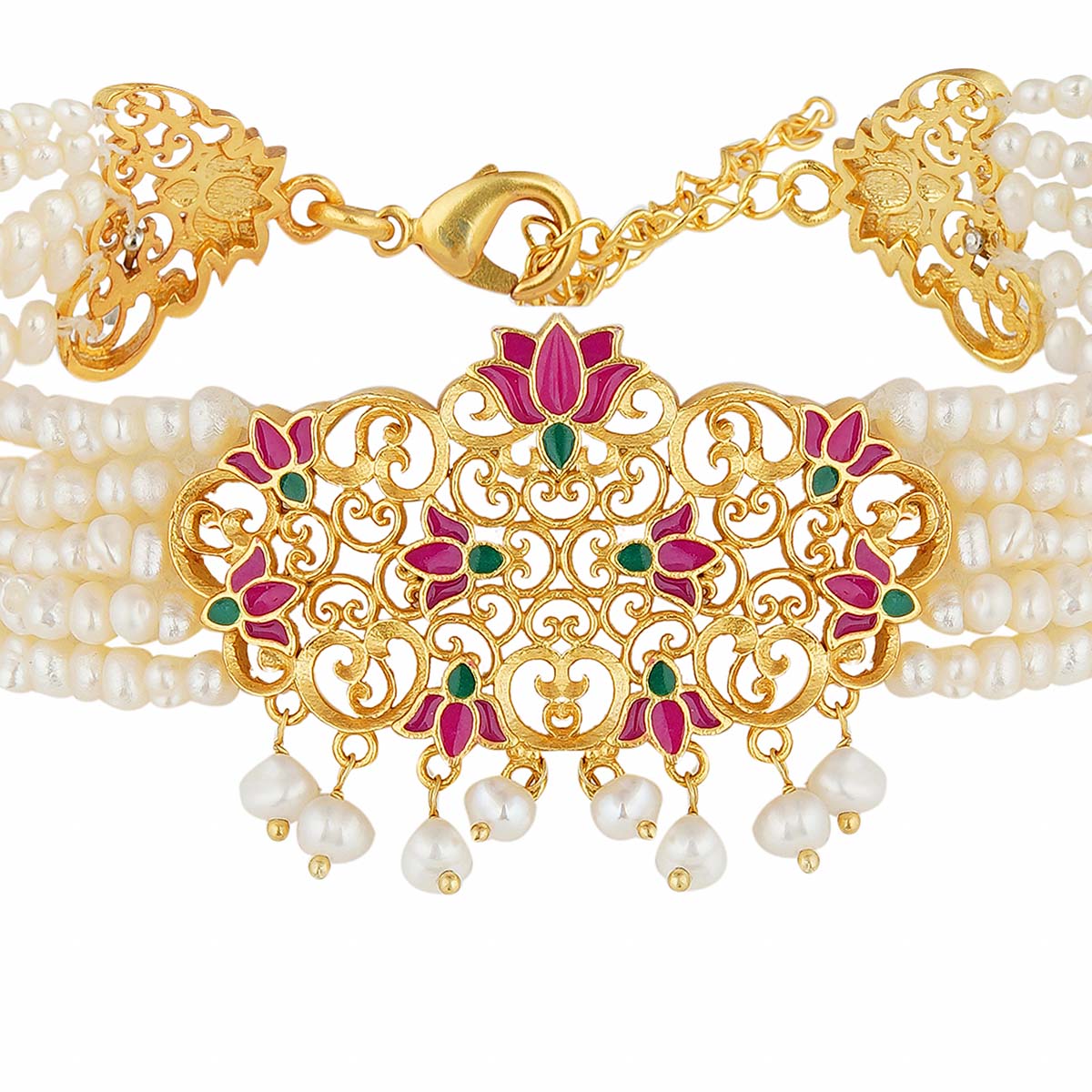 Maharani Lotus Choker Necklace in Pink Enamel