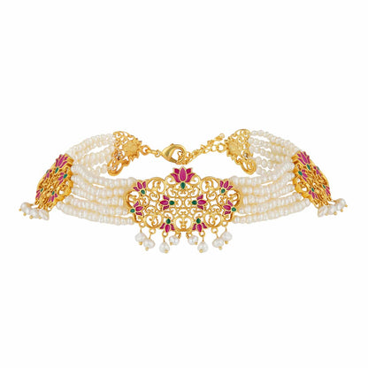 Maharani Lotus Choker Necklace in Pink Enamel