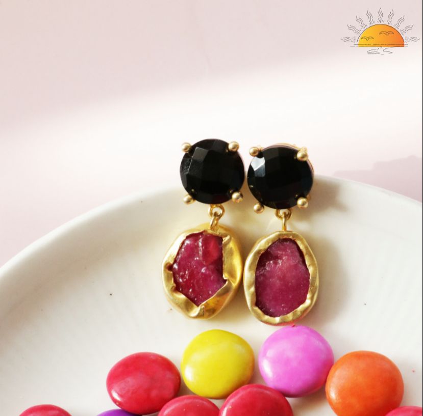 The Charcoal and Fire Ruby Black Onyx Gold Earrings