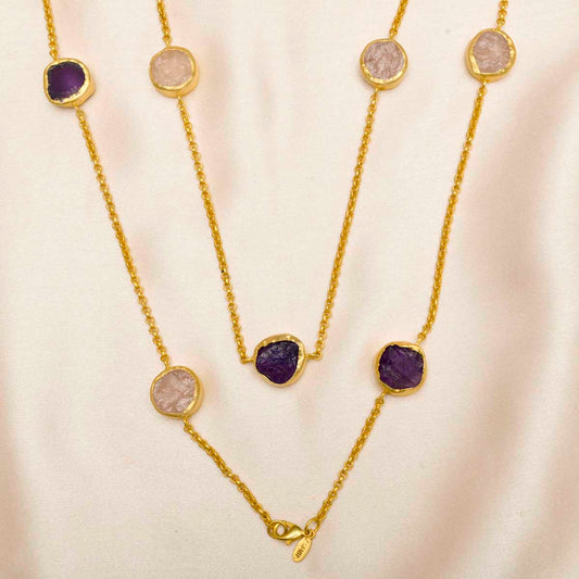 The Alternating Amethyst Rose Quartz Gold Necklace