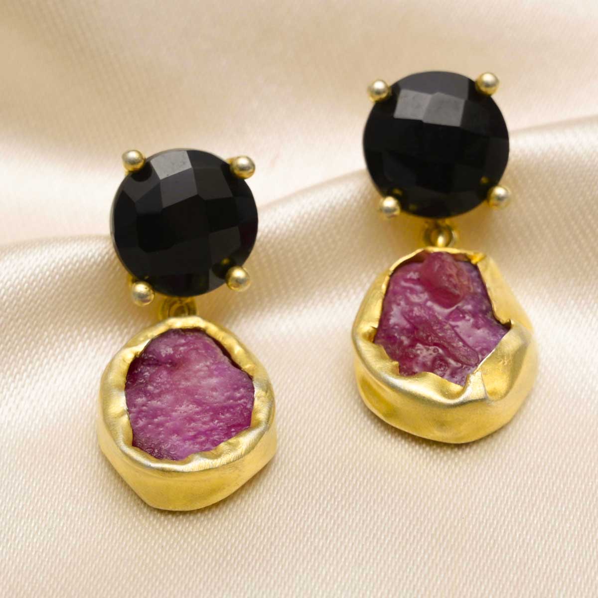 The Charcoal and Fire Ruby Black Onyx Gold Earrings