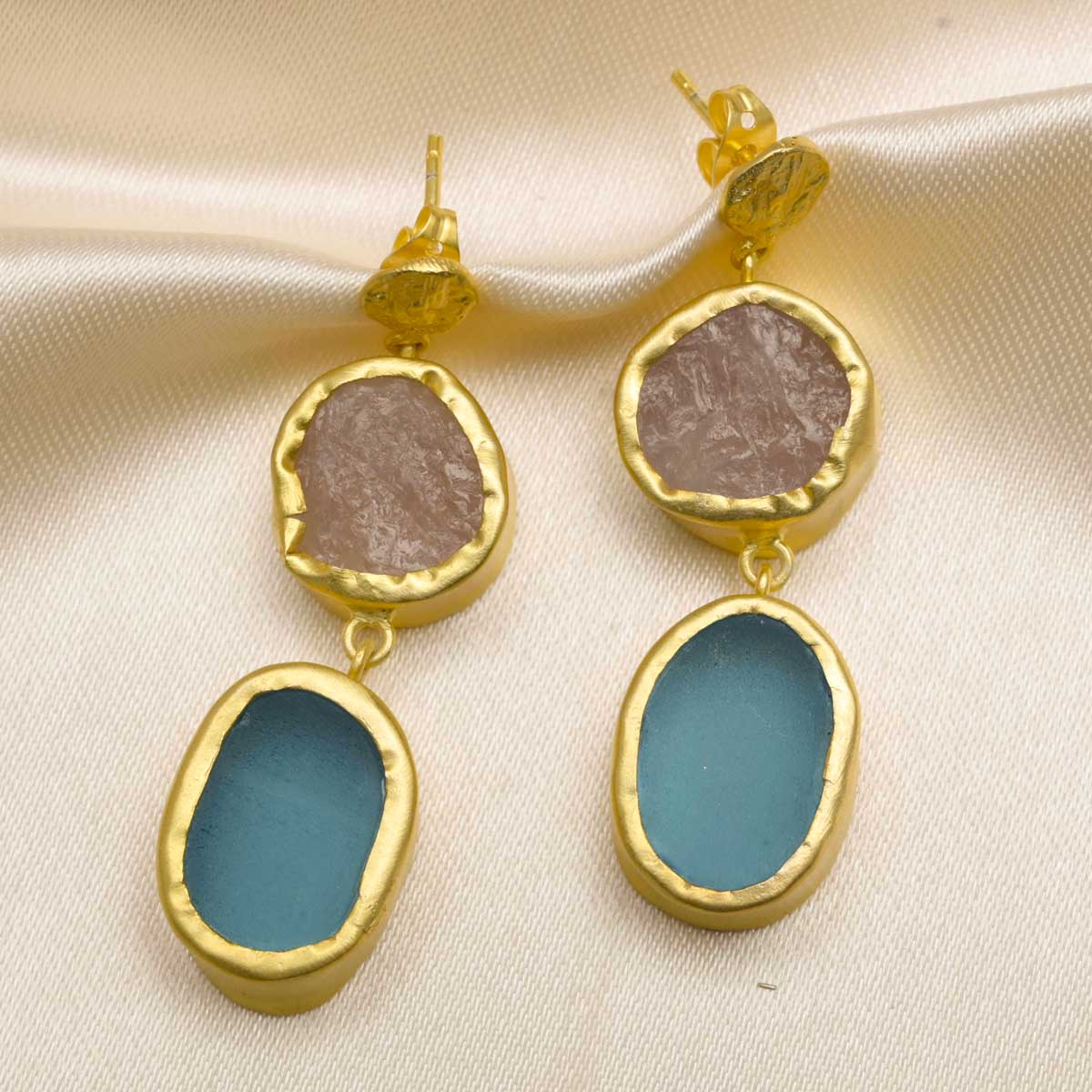 The Spirited Two Stone Gold Earrings with Rose Quartz and Blue Topaz