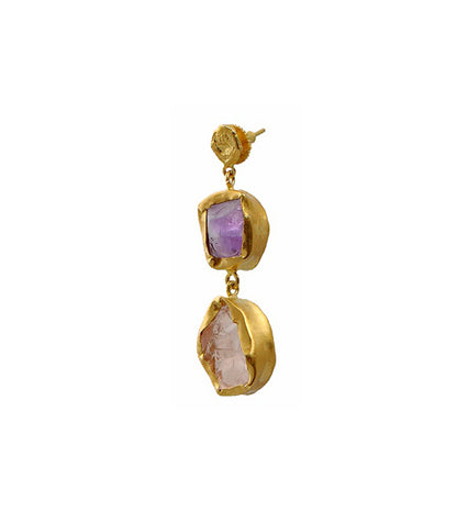 The Spirited Two Stone Gold Earrings with Amethyst and Rose Quartz